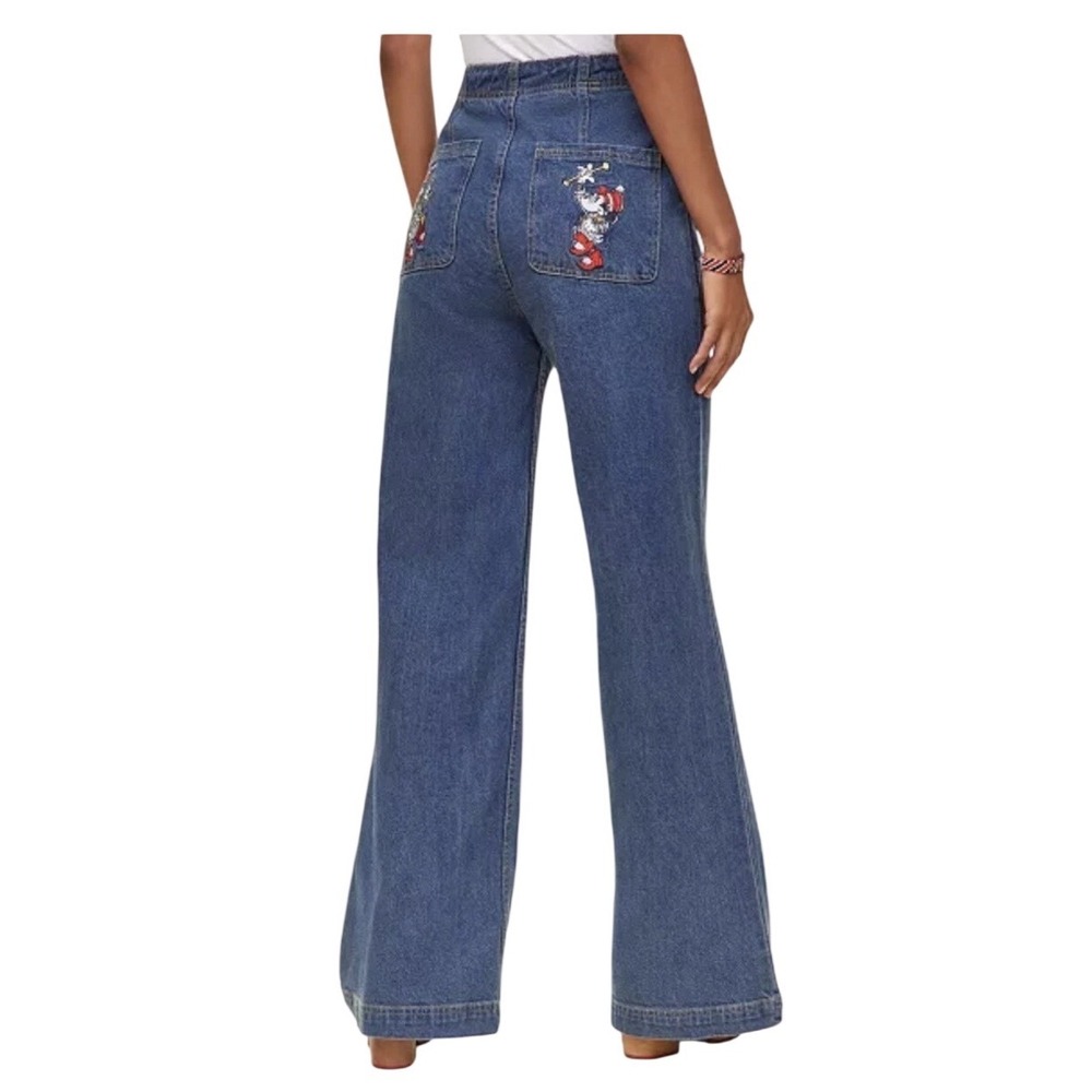 Vintage Style High Waist Wide Leg Sailor Jeans Medium Wash Embroidered Pockets